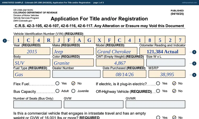 Top of page 1 of our filled-in example of Colorado DR 2395, Application For Title and/or Registration