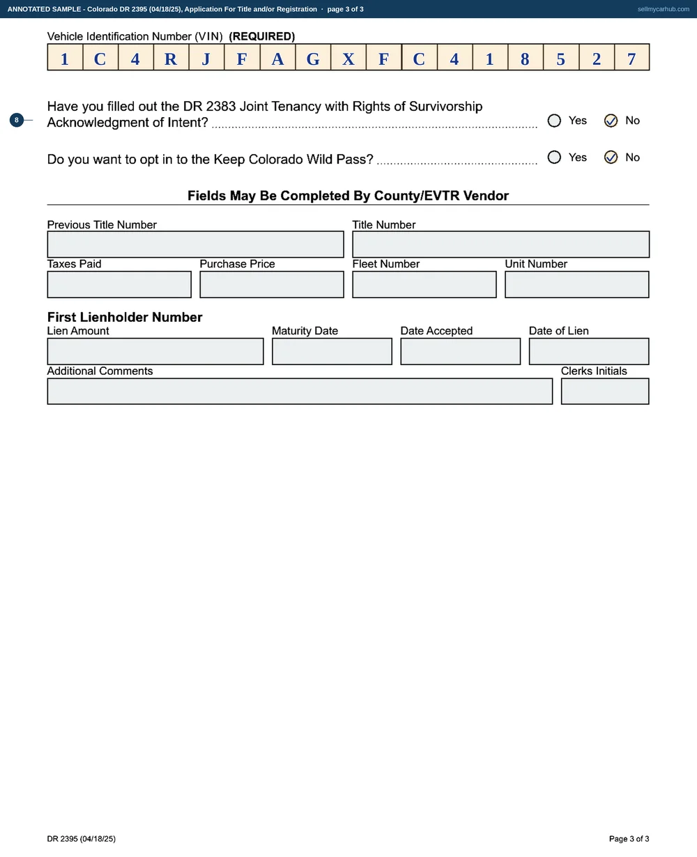 All three pages of Colorado form DR 2395 filled in for one private sale: a 2015 Jeep Grand Cherokee, vehicle identification number 1C4RJFAGXFC418527, an odometer reading of 121,384 actual miles, bought on 14 August 2026 by Emmanuel D. Sotelo-Vigil of Pueblo, who signs the certification, gives a Colorado driver licence as secure and verifiable identification, and has the block witnessed.