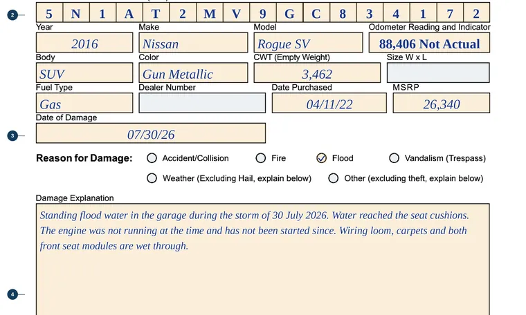 Part of page 1 of our filled-in example of Colorado DR 2410, Insurer, Authorized Agent of an Insurer, or Salvage Pool Declaration for a Salvage or Nonrepairable Title, showing the filled-in entries