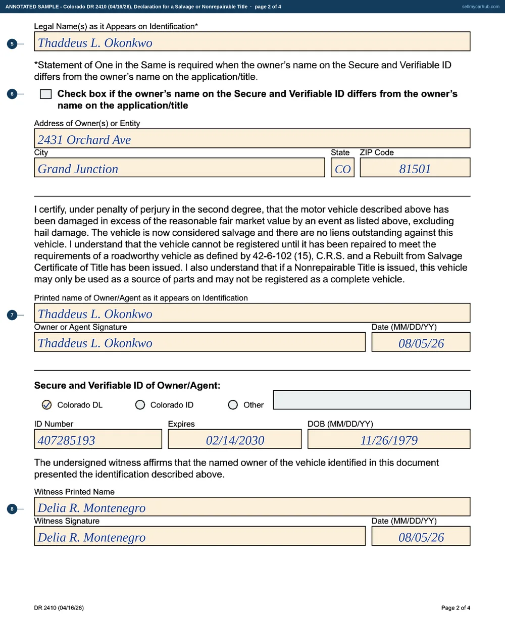 All four pages of Colorado form DR 2410, the first two filled in by an owner: the Salvage Title box ticked for a 2016 Nissan Rogue, vehicle identification number 5N1AT2MV9GC834172, damaged by flood on 30 July 2026 with an estimated repair cost of 11,400 dollars, applicant Thaddeus L. Okonkwo of Grand Junction signing the certification with a Colorado driver licence recorded and the block witnessed.