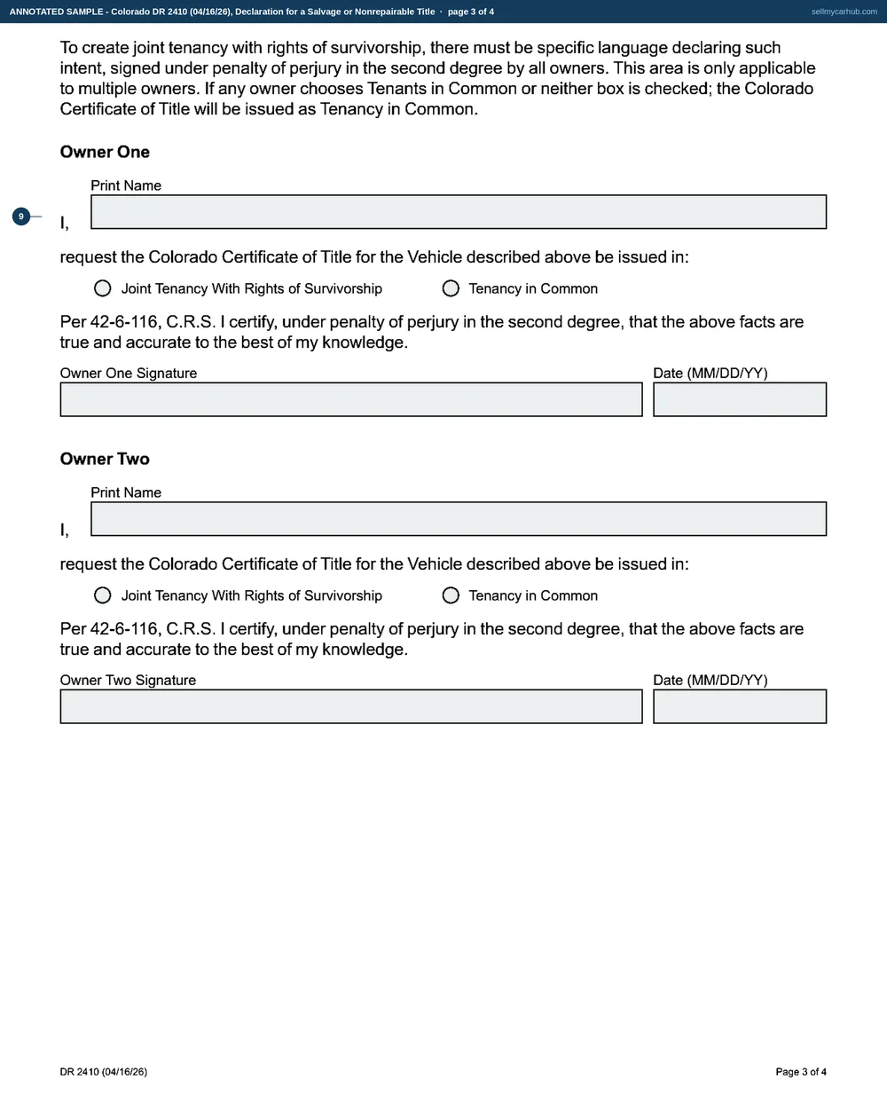 All four pages of Colorado form DR 2410, the first two filled in by an owner: the Salvage Title box ticked for a 2016 Nissan Rogue, vehicle identification number 5N1AT2MV9GC834172, damaged by flood on 30 July 2026 with an estimated repair cost of 11,400 dollars, applicant Thaddeus L. Okonkwo of Grand Junction signing the certification with a Colorado driver licence recorded and the block witnessed.