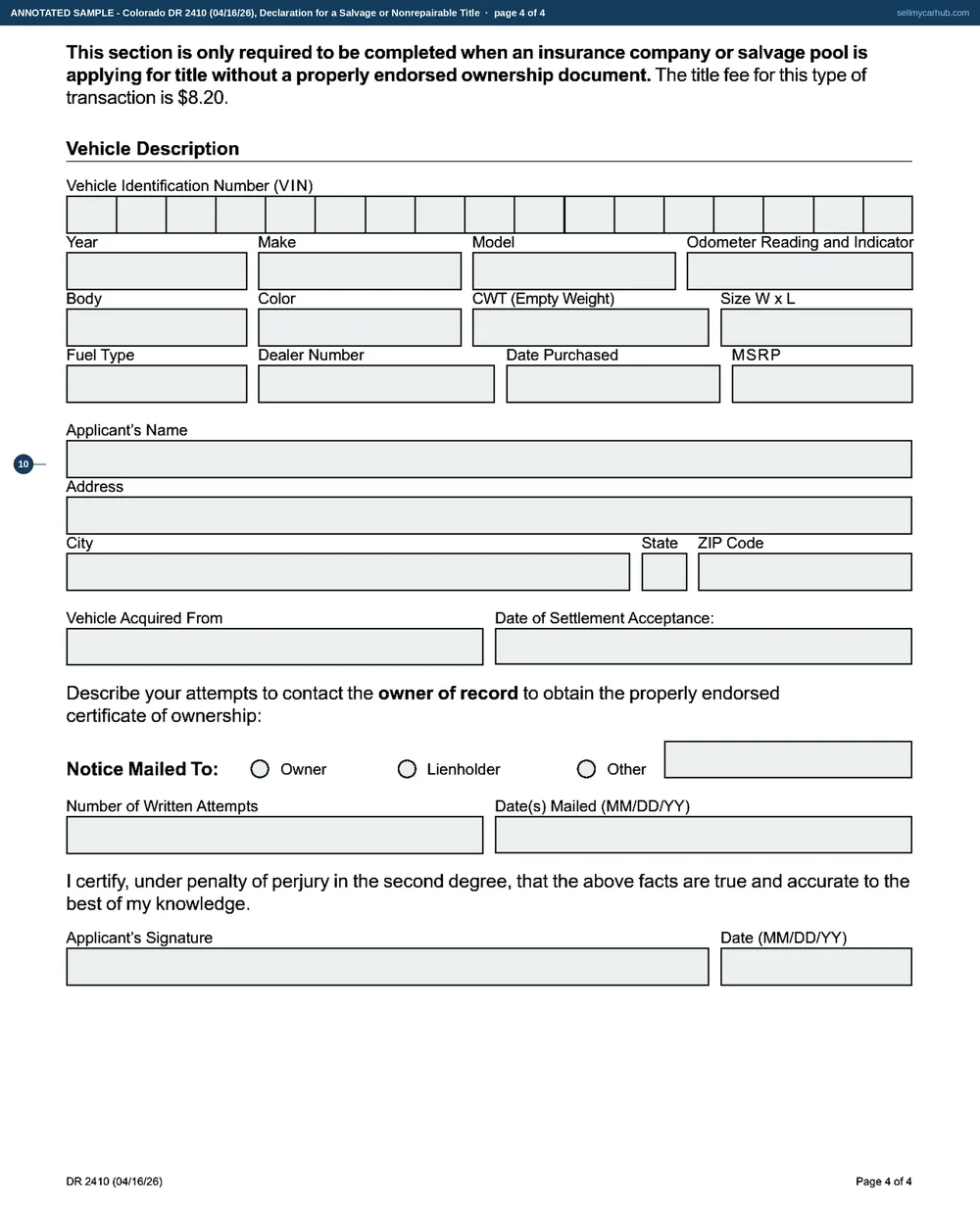 All four pages of Colorado form DR 2410, the first two filled in by an owner: the Salvage Title box ticked for a 2016 Nissan Rogue, vehicle identification number 5N1AT2MV9GC834172, damaged by flood on 30 July 2026 with an estimated repair cost of 11,400 dollars, applicant Thaddeus L. Okonkwo of Grand Junction signing the certification with a Colorado driver licence recorded and the block witnessed.