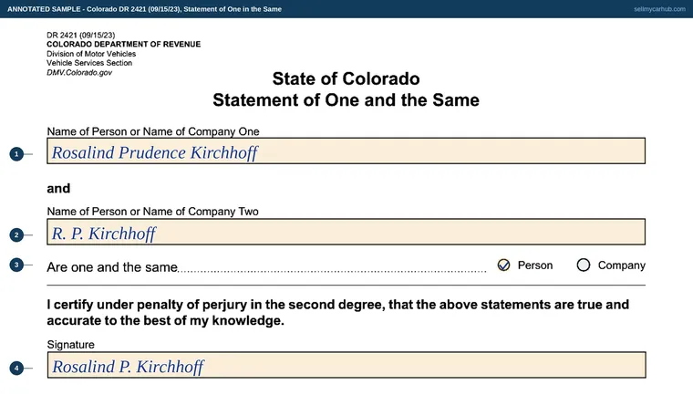 Top of our filled-in example of Colorado DR 2421, Statement of One in the Same