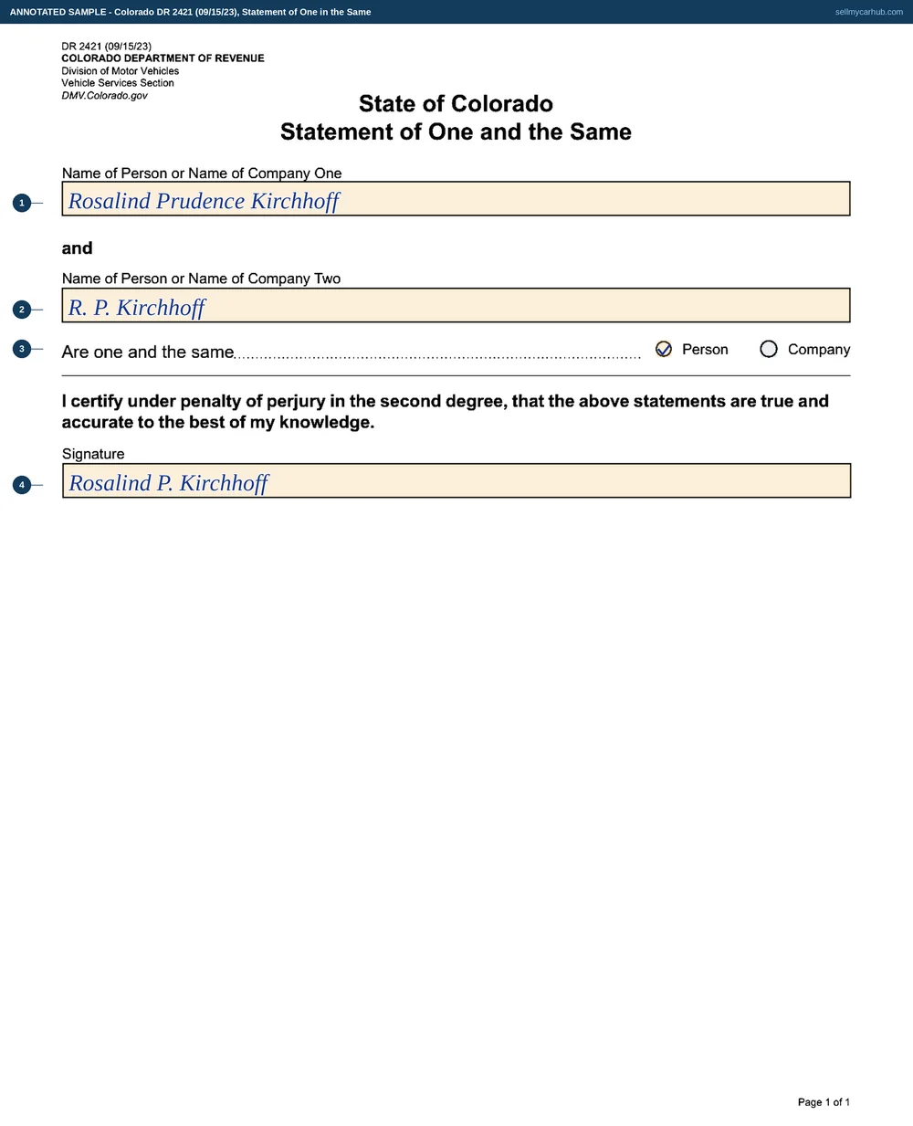 Colorado form DR 2421 filled in: the name Rosalind Prudence Kirchhoff on the first rule, R. P. Kirchhoff on the second, the Person box ticked, and a signature under the certification.