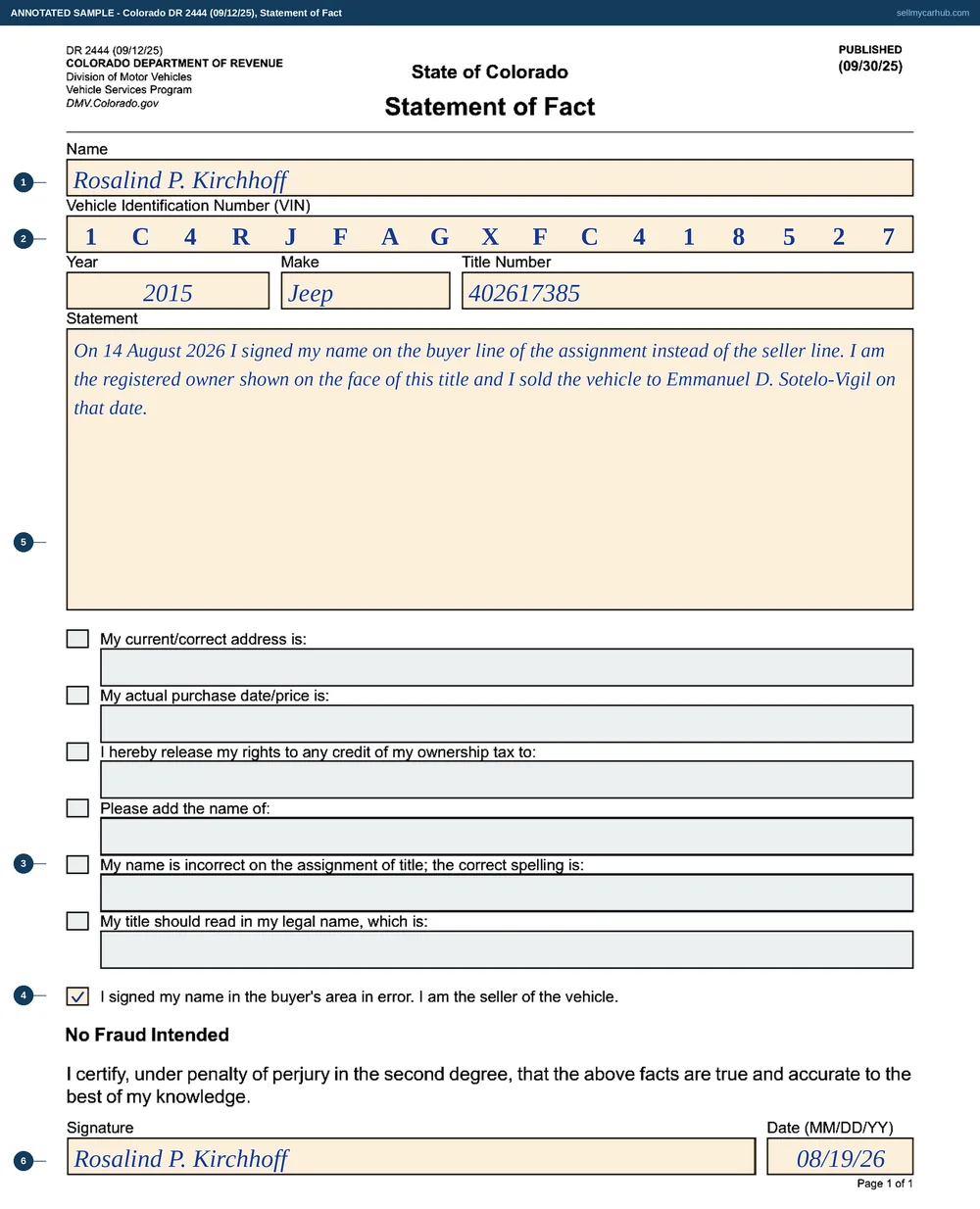 Colorado form DR 2444 filled in by a seller who signed in the wrong place: Rosalind P. Kirchhoff, a 2015 Jeep Grand Cherokee with vehicle identification number 1C4RJFAGXFC418527 and title number 402617385, the printed statement about signing in the buyer's area in error ticked, a written explanation in the Statement box, and a signature dated 19 August 2026.