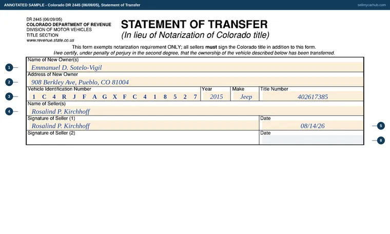 Top of our filled-in example of Colorado DR 2445, Statement of Transfer