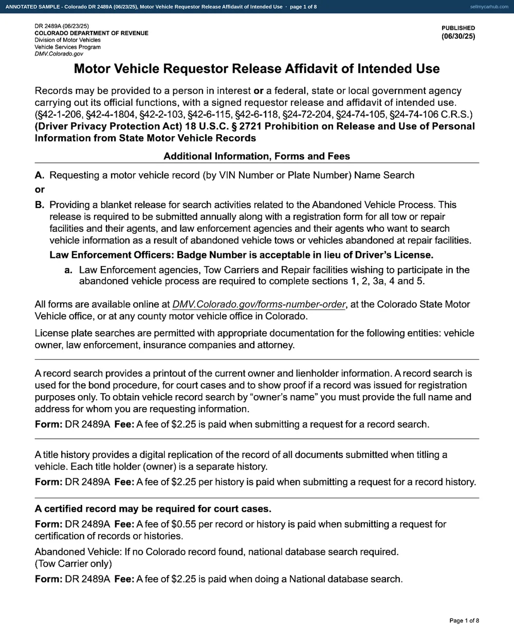 All eight pages of Colorado form DR 2489A: Rosalind P. Kirchhoff of Montrose requesting the record of her own 2015 Jeep Grand Cherokee, vehicle identification number 1C4RJFAGXFC418527, plate CQV-U88, with the immigration-enforcement question answered no, the This is my record box ticked in Section 3, and the attestation in Section 5 signed with a Colorado driver licence number on 28 August 2026.