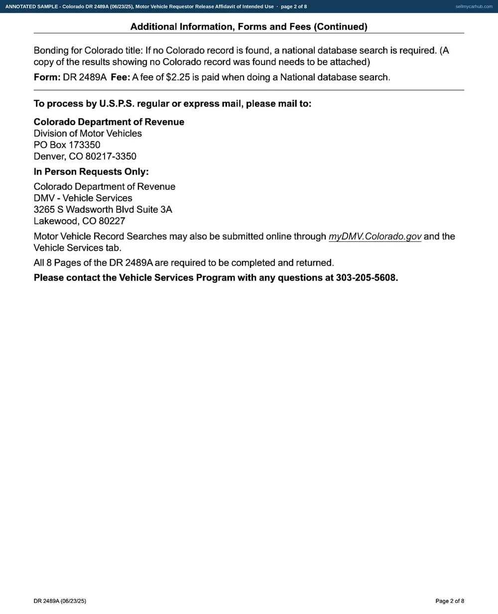 All eight pages of Colorado form DR 2489A: Rosalind P. Kirchhoff of Montrose requesting the record of her own 2015 Jeep Grand Cherokee, vehicle identification number 1C4RJFAGXFC418527, plate CQV-U88, with the immigration-enforcement question answered no, the This is my record box ticked in Section 3, and the attestation in Section 5 signed with a Colorado driver licence number on 28 August 2026.