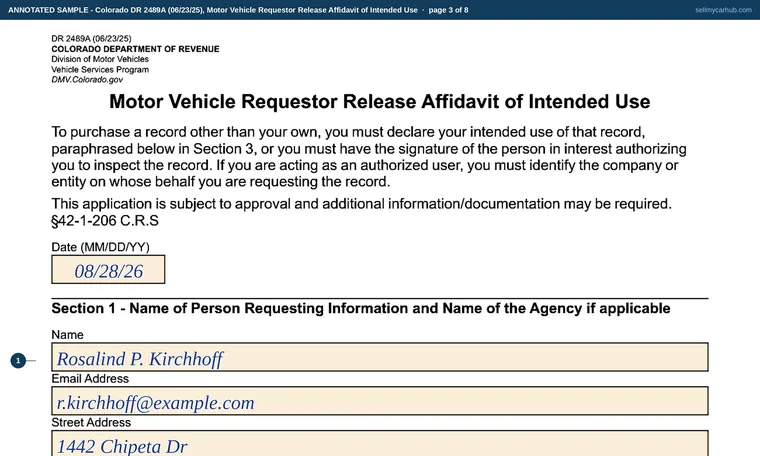 Top of page 3 of our filled-in example of Colorado DR 2489A, Motor Vehicle Requestor Release Affidavit of Intended Use