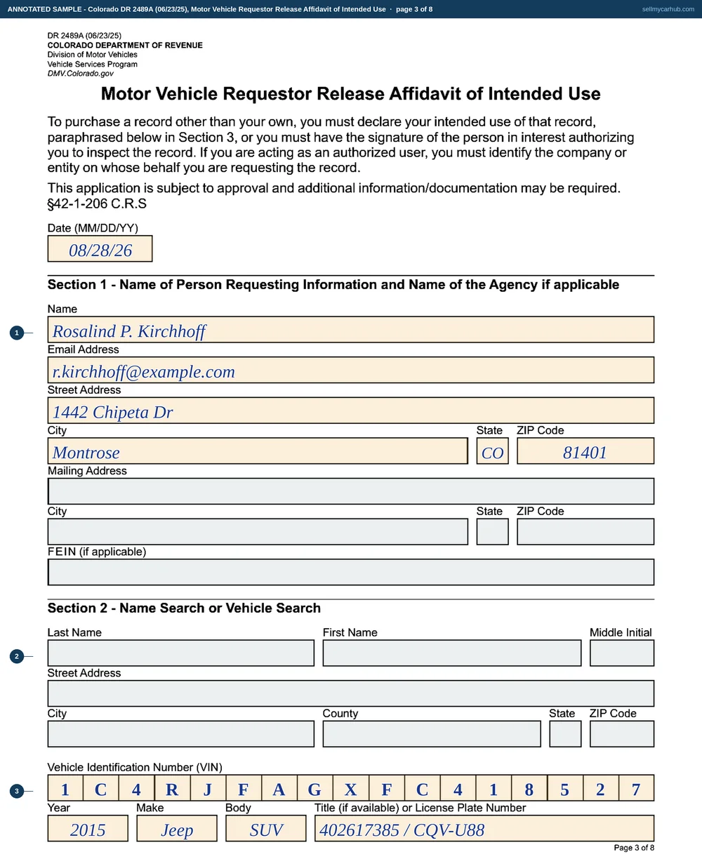All eight pages of Colorado form DR 2489A: Rosalind P. Kirchhoff of Montrose requesting the record of her own 2015 Jeep Grand Cherokee, vehicle identification number 1C4RJFAGXFC418527, plate CQV-U88, with the immigration-enforcement question answered no, the This is my record box ticked in Section 3, and the attestation in Section 5 signed with a Colorado driver licence number on 28 August 2026.
