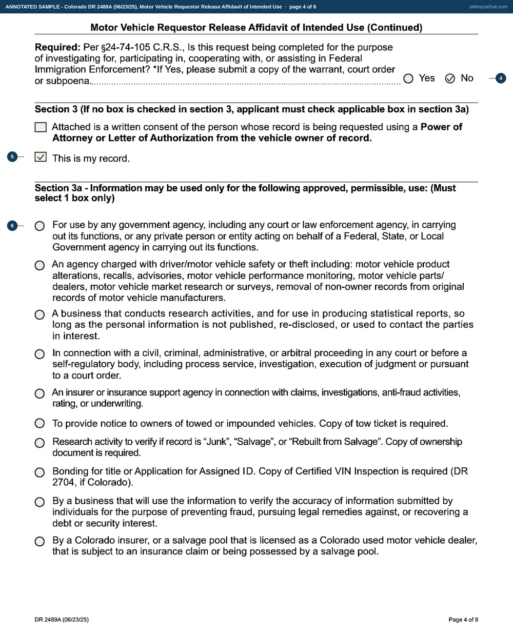 All eight pages of Colorado form DR 2489A: Rosalind P. Kirchhoff of Montrose requesting the record of her own 2015 Jeep Grand Cherokee, vehicle identification number 1C4RJFAGXFC418527, plate CQV-U88, with the immigration-enforcement question answered no, the This is my record box ticked in Section 3, and the attestation in Section 5 signed with a Colorado driver licence number on 28 August 2026.
