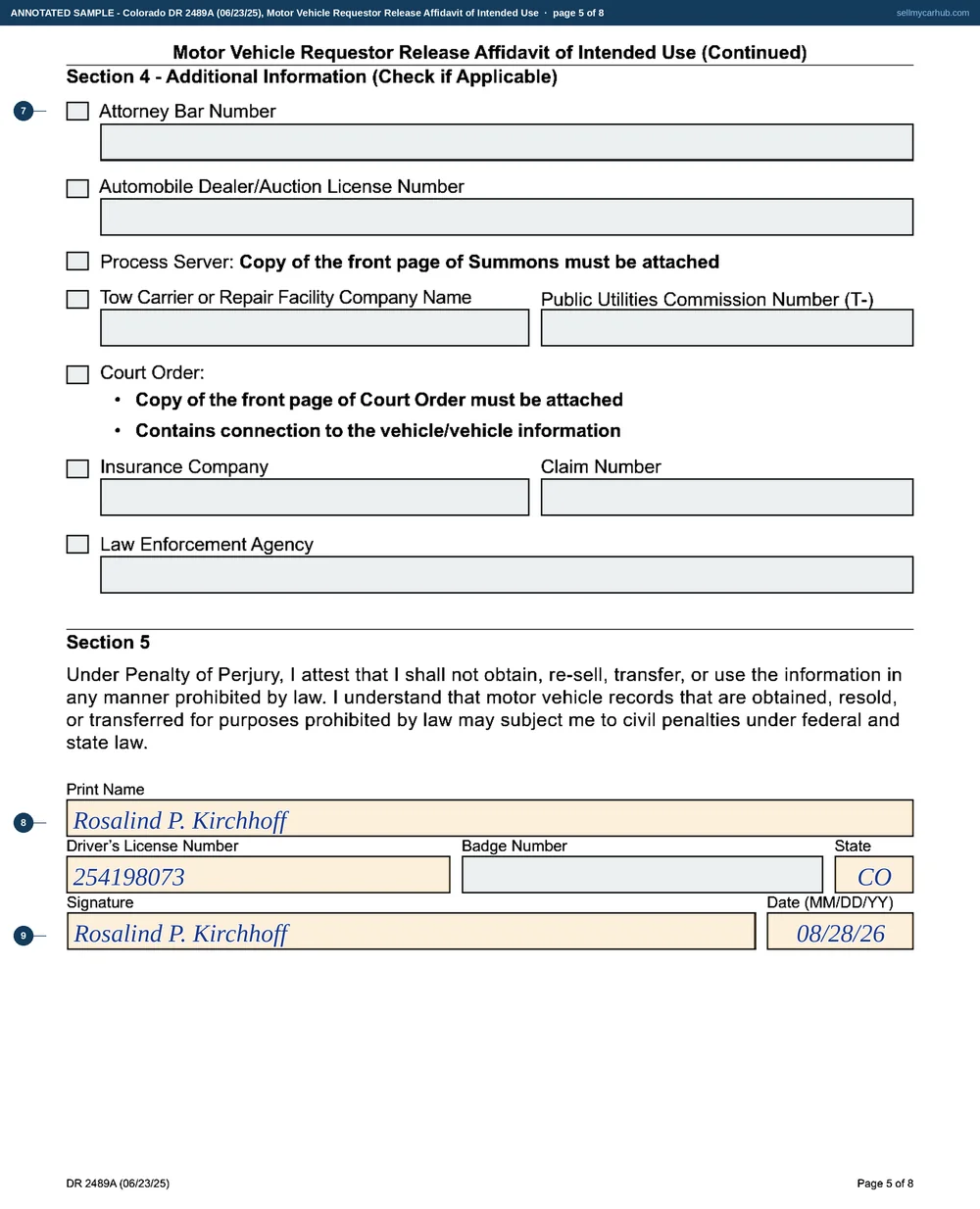All eight pages of Colorado form DR 2489A: Rosalind P. Kirchhoff of Montrose requesting the record of her own 2015 Jeep Grand Cherokee, vehicle identification number 1C4RJFAGXFC418527, plate CQV-U88, with the immigration-enforcement question answered no, the This is my record box ticked in Section 3, and the attestation in Section 5 signed with a Colorado driver licence number on 28 August 2026.