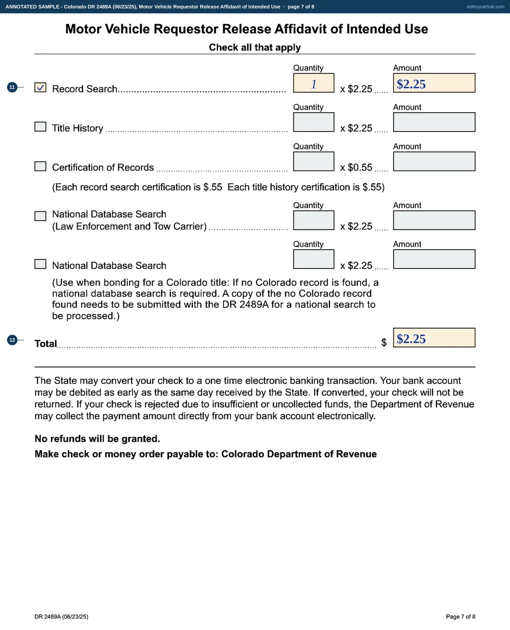 All eight pages of Colorado form DR 2489A: Rosalind P. Kirchhoff of Montrose requesting the record of her own 2015 Jeep Grand Cherokee, vehicle identification number 1C4RJFAGXFC418527, plate CQV-U88, with the immigration-enforcement question answered no, the This is my record box ticked in Section 3, and the attestation in Section 5 signed with a Colorado driver licence number on 28 August 2026.