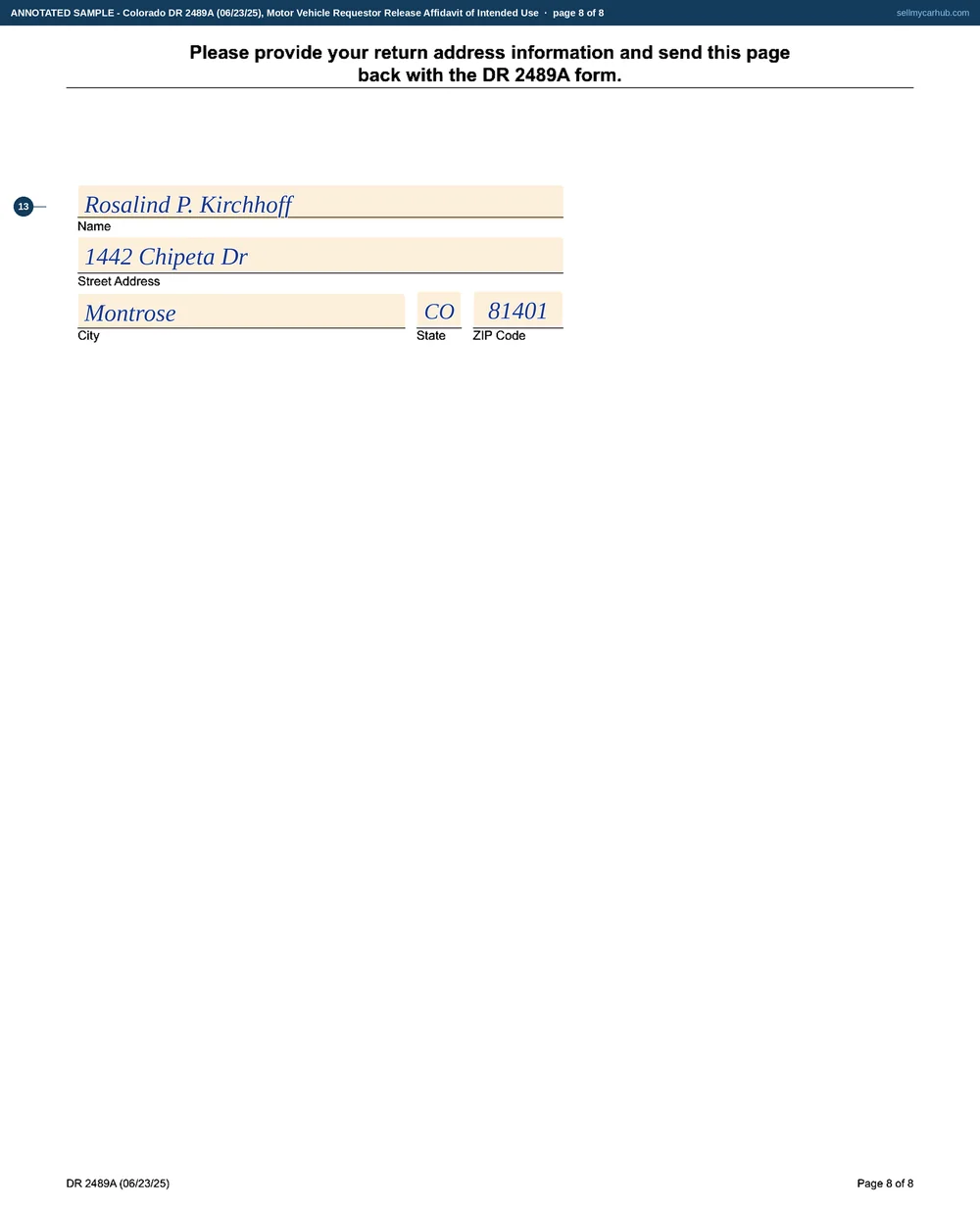 All eight pages of Colorado form DR 2489A: Rosalind P. Kirchhoff of Montrose requesting the record of her own 2015 Jeep Grand Cherokee, vehicle identification number 1C4RJFAGXFC418527, plate CQV-U88, with the immigration-enforcement question answered no, the This is my record box ticked in Section 3, and the attestation in Section 5 signed with a Colorado driver licence number on 28 August 2026.