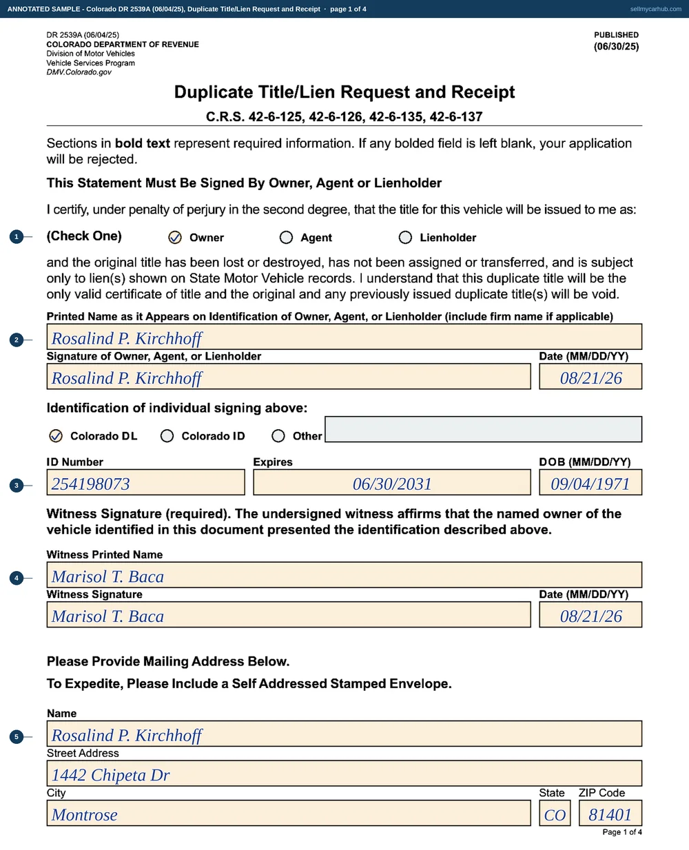 The two form pages of Colorado form DR 2539A filled in: Rosalind P. Kirchhoff of Montrose applying as Owner for a duplicate title on a 2015 Jeep Grand Cherokee, vehicle identification number 1C4RJFAGXFC418527, title number 402617385 issued in Montrose County, plate CQV-U88, with a Colorado driver licence recorded, a witness signature, a Montrose mailing address and the duplicate title total completed.
