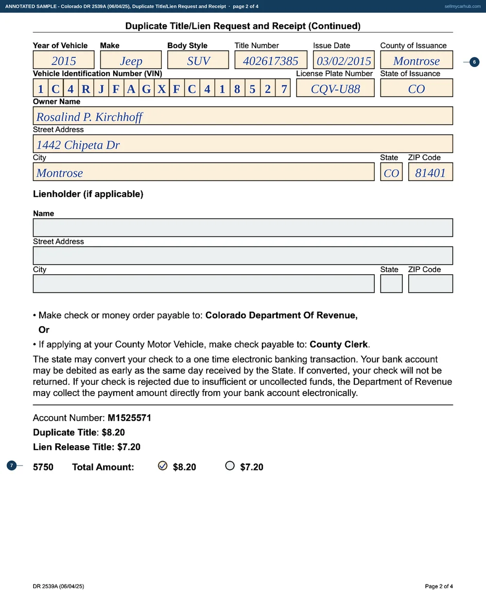 The two form pages of Colorado form DR 2539A filled in: Rosalind P. Kirchhoff of Montrose applying as Owner for a duplicate title on a 2015 Jeep Grand Cherokee, vehicle identification number 1C4RJFAGXFC418527, title number 402617385 issued in Montrose County, plate CQV-U88, with a Colorado driver licence recorded, a witness signature, a Montrose mailing address and the duplicate title total completed.