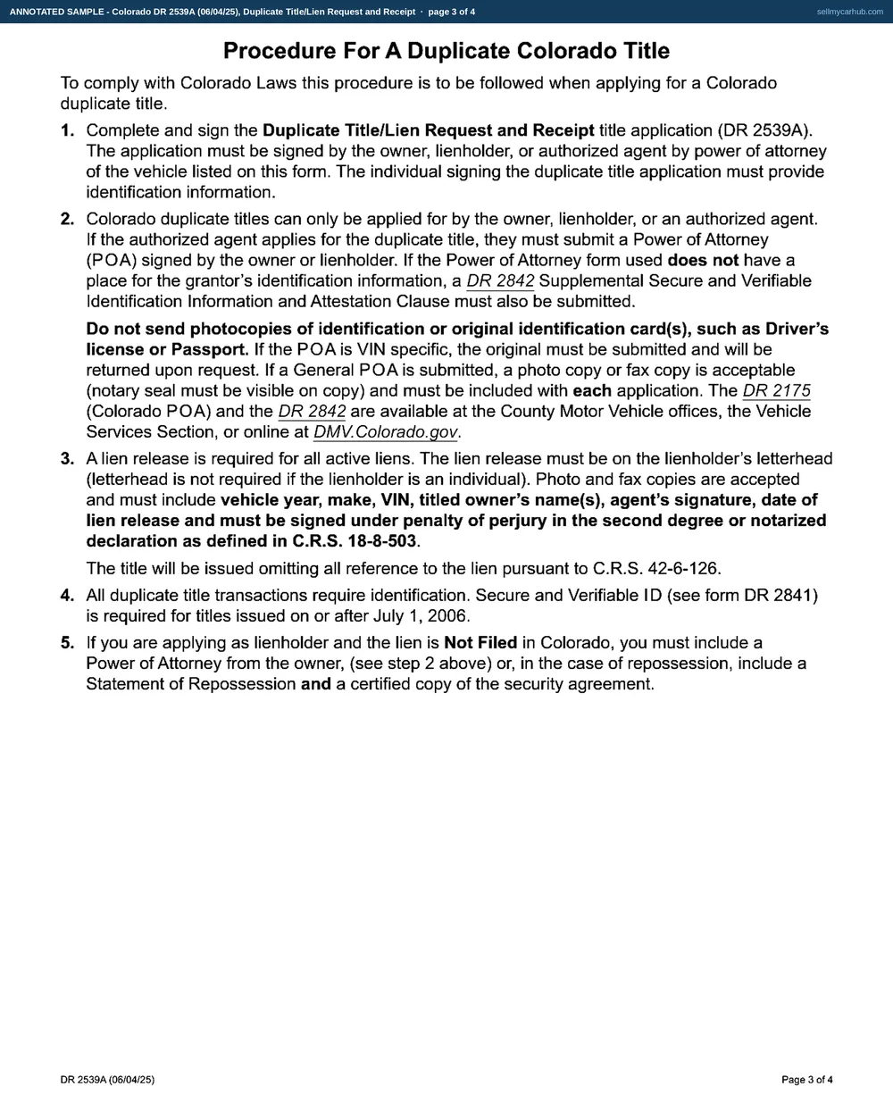 The two form pages of Colorado form DR 2539A filled in: Rosalind P. Kirchhoff of Montrose applying as Owner for a duplicate title on a 2015 Jeep Grand Cherokee, vehicle identification number 1C4RJFAGXFC418527, title number 402617385 issued in Montrose County, plate CQV-U88, with a Colorado driver licence recorded, a witness signature, a Montrose mailing address and the duplicate title total completed.