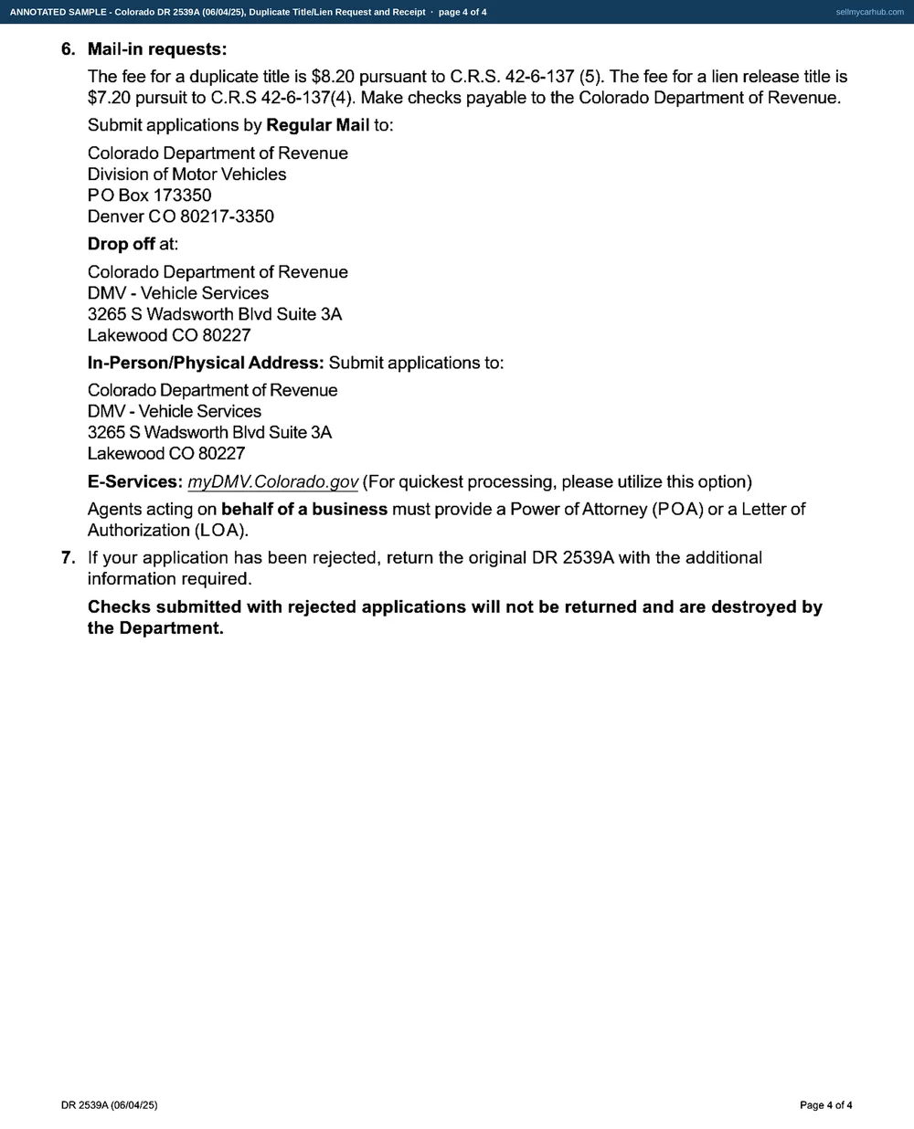 The two form pages of Colorado form DR 2539A filled in: Rosalind P. Kirchhoff of Montrose applying as Owner for a duplicate title on a 2015 Jeep Grand Cherokee, vehicle identification number 1C4RJFAGXFC418527, title number 402617385 issued in Montrose County, plate CQV-U88, with a Colorado driver licence recorded, a witness signature, a Montrose mailing address and the duplicate title total completed.