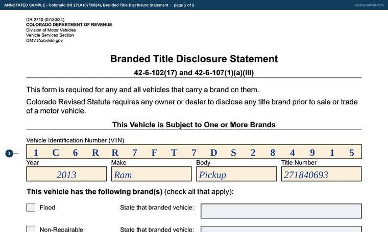 Top of page 1 of our filled-in example of Colorado DR 2710, Branded Title Disclosure Statement