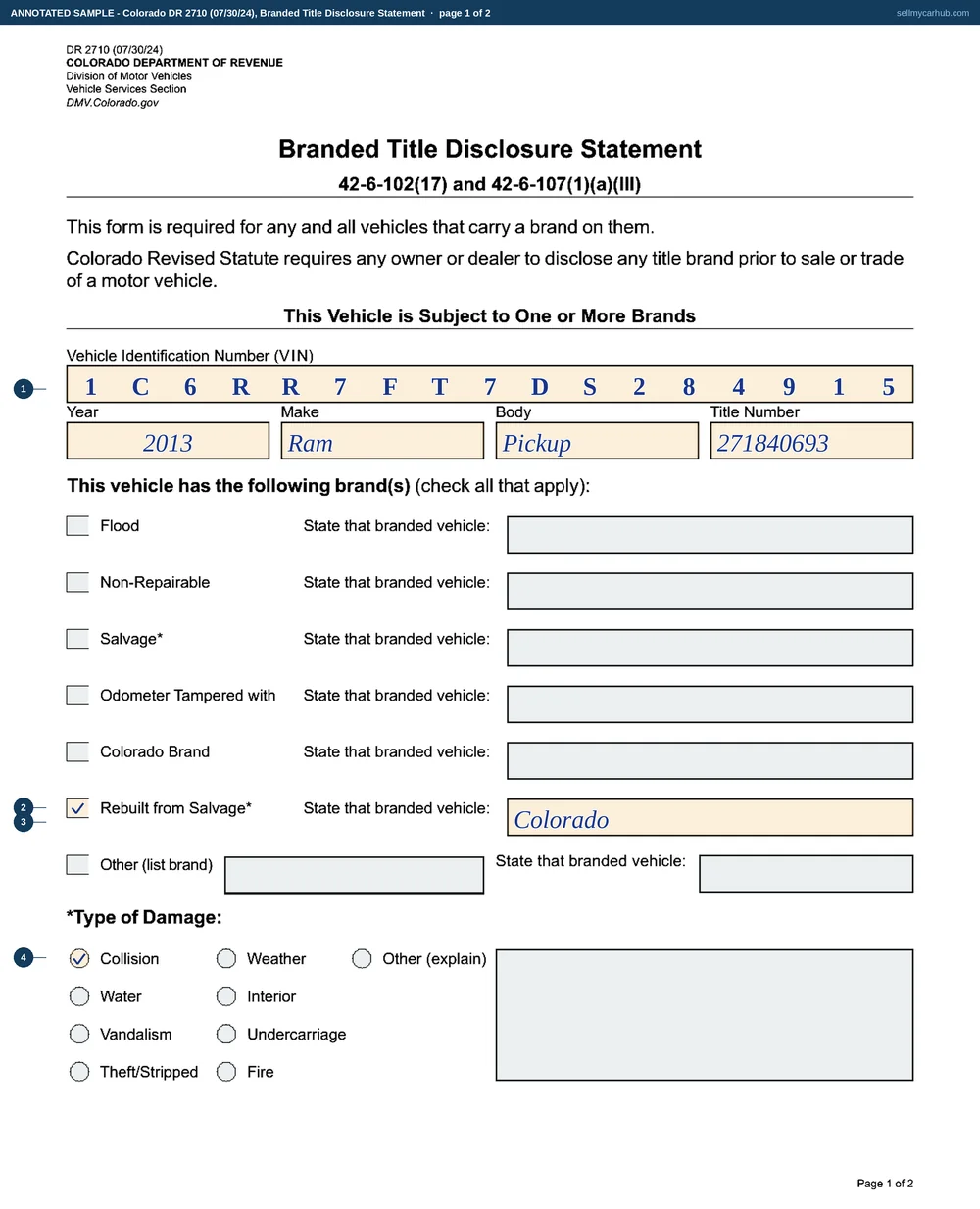 Both pages of Colorado form DR 2710 filled in: a 2013 Ram 1500, vehicle identification number 1C6RR7FT7DS284915, title number 271840693, with the Rebuilt from Salvage box ticked and Colorado written beside it, Collision ticked in the damage grid, seller Jerrold V. Steinkamp of Fort Morgan signing on 9 September 2026 and prospective buyer Katarzyna B. Delacroix of Sterling signing the same day.