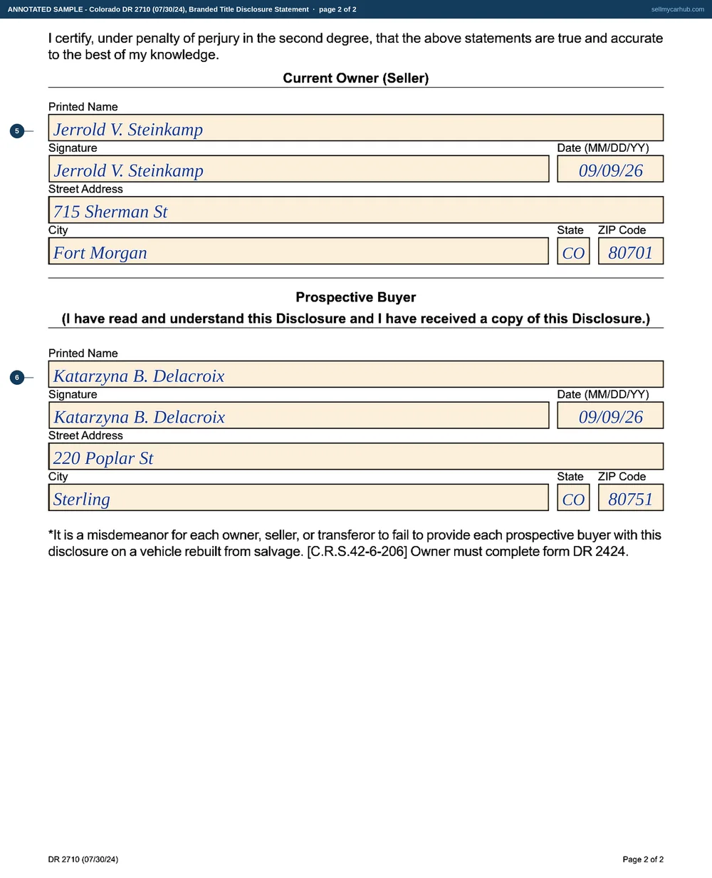 Both pages of Colorado form DR 2710 filled in: a 2013 Ram 1500, vehicle identification number 1C6RR7FT7DS284915, title number 271840693, with the Rebuilt from Salvage box ticked and Colorado written beside it, Collision ticked in the damage grid, seller Jerrold V. Steinkamp of Fort Morgan signing on 9 September 2026 and prospective buyer Katarzyna B. Delacroix of Sterling signing the same day.
