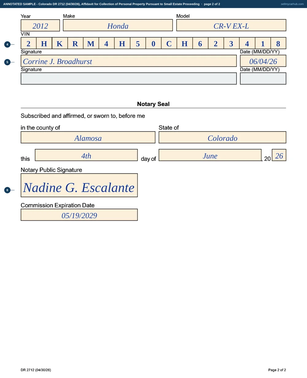 Both pages of Colorado form DR 2712 filled in: Corrine J. Broadhurst of Alamosa County swearing as successor of Wendell A. Broadhurst to collect a 2012 Honda CR-V, vehicle identification number 2HKRM4H50CH623418, signed on 4 June 2026 and notarised by Nadine G. Escalante.