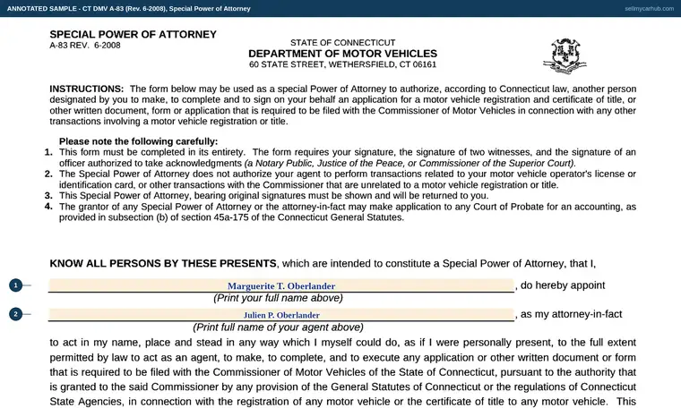 Top of our filled-in example of Connecticut A-83, Special Power of Attorney