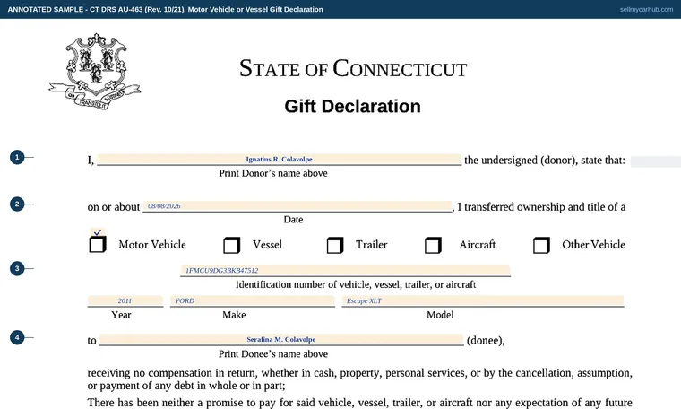 Top of our filled-in example of Connecticut AU-463, Motor Vehicle or Vessel Gift Declaration