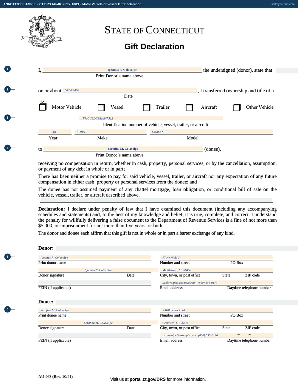 A completed Connecticut Gift Declaration, form AU-463, with the Motor Vehicle box ticked. The donor is Ignatius R. Colavolpe, the transfer date is 08 August 2026, the identification number is 1FMCU9DG3BKB47512 for a 2011 Ford Escape, and the donee is Serafina M. Colavolpe. Both the donor and donee blocks are completed with printed names, dates, street addresses in Middletown and Cromwell, email addresses and telephone numbers.