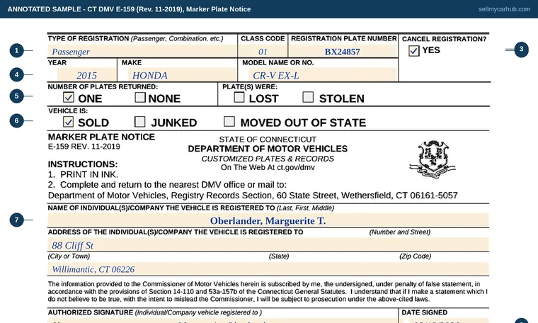 Top of our filled-in example of Connecticut E-159, Marker Plate Notice