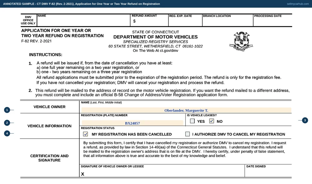 A completed Connecticut Application for One Year or Two Year Refund on Registration, form F-82. The vehicle owner is Oberlander, Marguerite T; the registration plate number is BX24857; the leased question is answered NO; and under Registration Status the box reading MY REGISTRATION HAS BEEN CANCELLED is ticked. The DMV Office Use Only band across the top of the sheet is shaded.