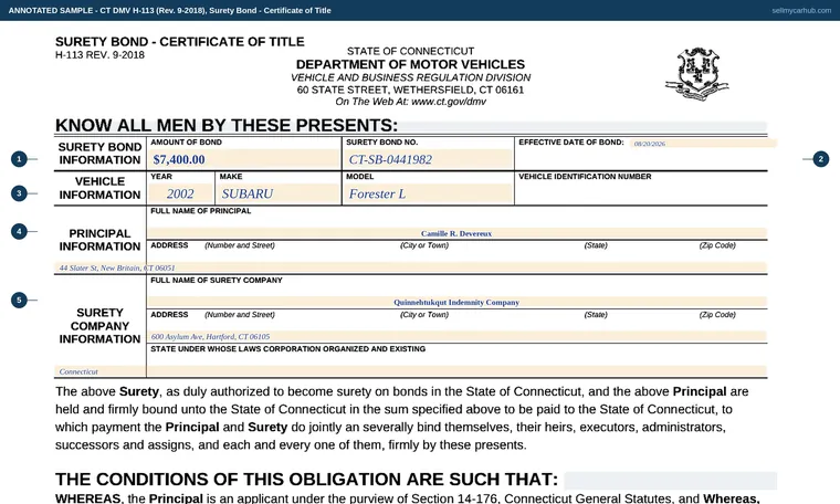 Top of our filled-in example of Connecticut H-113, Surety Bond - Certificate of Title