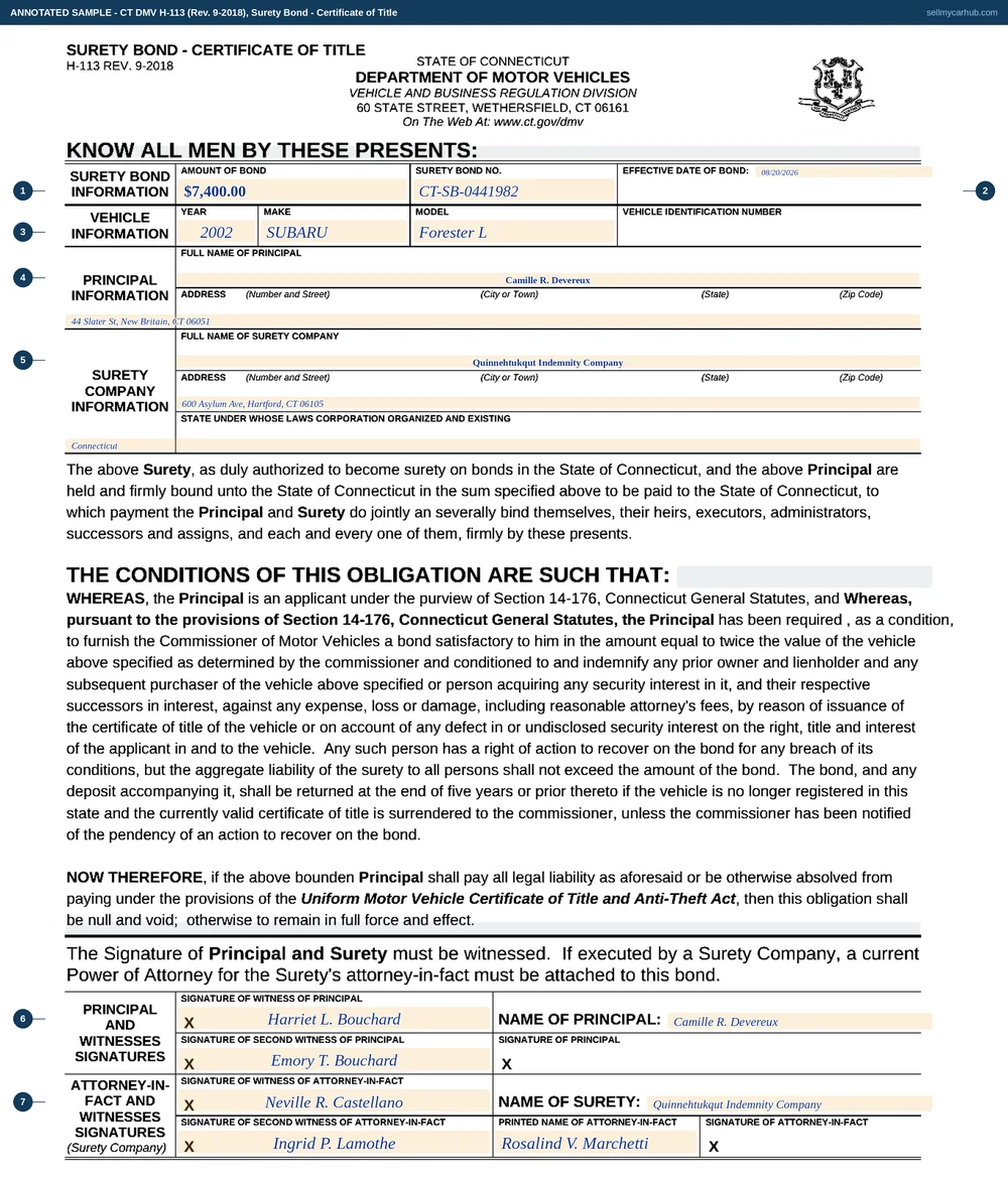 A completed Connecticut Surety Bond - Certificate of Title, form H-113. The amount of bond is 7,400.00 with a bond number and an effective date of 20 August 2026. The vehicle information row shows the year 2002, the make Subaru and the model Forester L, with the vehicle identification number column left empty. The principal is Camille R. Devereux of 44 Slater Street, New Britain, CT 06051 and the surety company block names a company organised under the laws of Connecticut. The witness and signature boxes for the principal and the attorney-in-fact are completed at the foot.