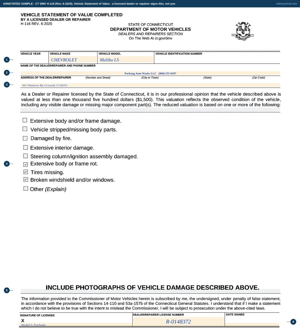 A completed Connecticut Vehicle Statement of Value, form H-116. The vehicle make is Chevrolet and the model Malibu. The dealer and repairer name and telephone number line and the address line beneath it are filled in for a repairer in Griswold, Connecticut. Three of the nine condition boxes are ticked: extensive body or frame rot, broken windshield and/or windows, and tires missing. At the foot the licensee signature line and the dealer or repairer licence number are completed.