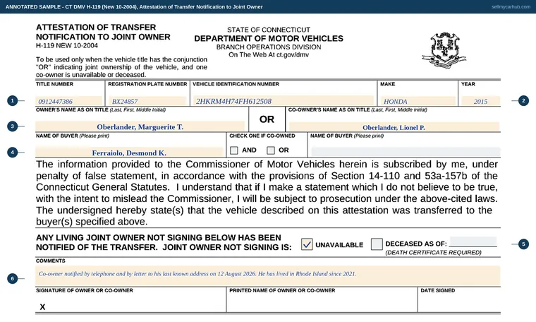 Top of our filled-in example of Connecticut H-119, Attestation of Transfer Notification to Joint Owner