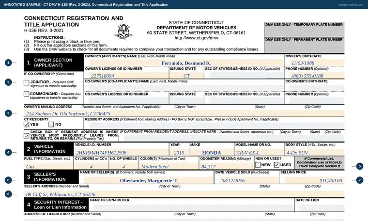 Top of our filled-in example of Connecticut H-13B, Connecticut Registration and Title Application