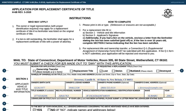 Top of our filled-in example of Connecticut H-6B, Application for Replacement Certificate of Title