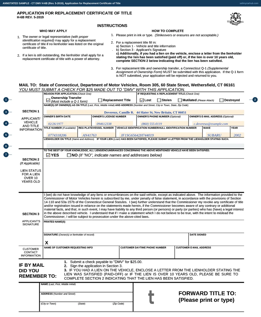 A completed Connecticut Application for Replacement Certificate of Title, form H-6B. The Ownership Transfer box is ticked at the top with the Lost box marked beside it. Section 1 names Devereux, Camille R of 44 Slater Street, New Britain, CT 06051 with a birth date and licence number, and gives a title number, plate number, the vehicle identification number JF1SG65642H744019, make Subaru and year 2002. The lienholder line is empty. In Section 2 the YES box is ticked for all liens satisfied.