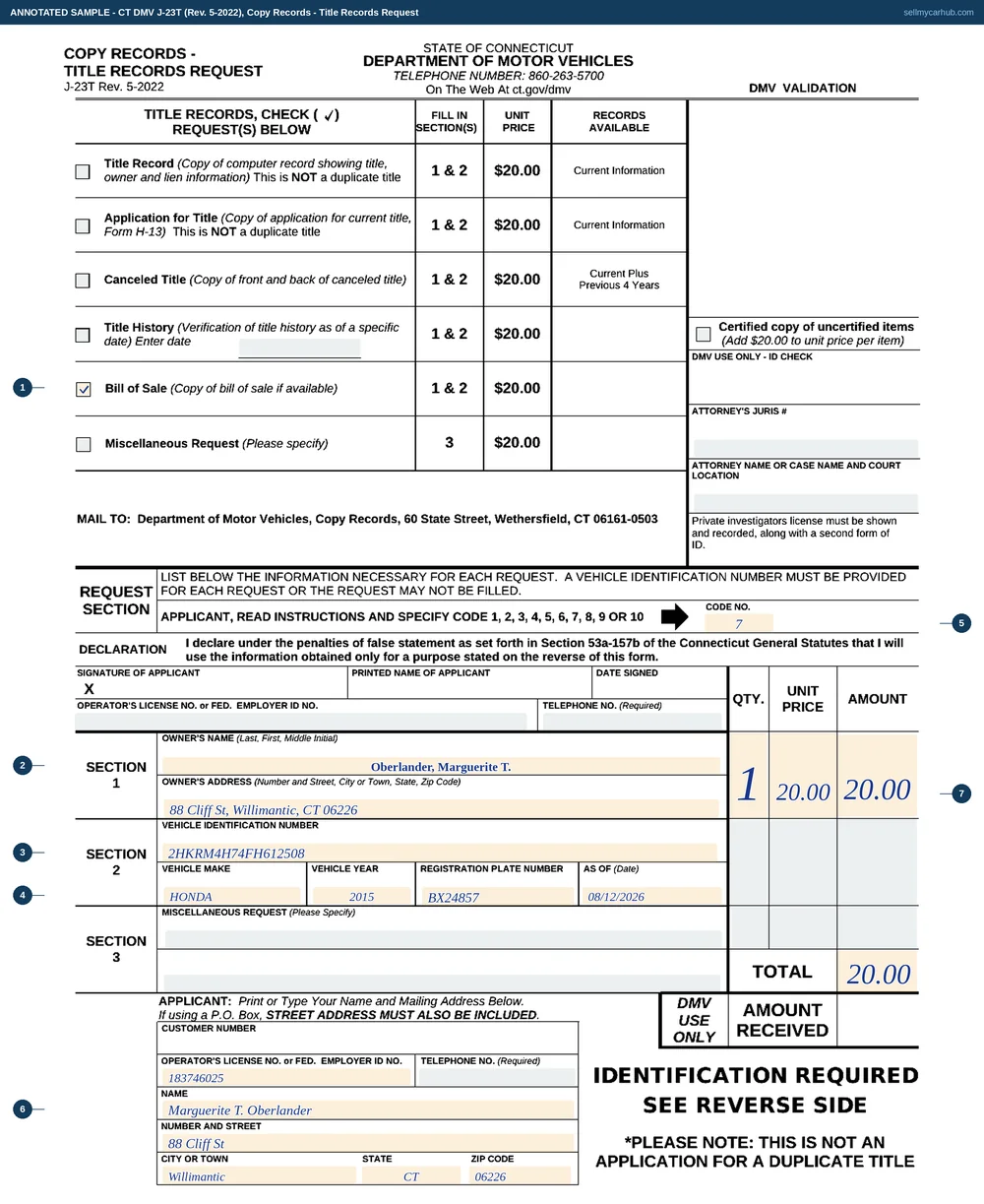 A completed Connecticut Copy Records - Title Records Request, form J-23T. The Bill of Sale tick is marked at $20. Section 1 names Oberlander, Marguerite T of 88 Cliff Street, Willimantic, CT 06226. Section 2 gives the vehicle identification number 2HKRM4H74FH612508, the make Honda, the year 2015, the registration plate number BX24857 and an as-of date. The applicant block at the foot repeats the name and address, and the quantity, unit price and amount columns down the right show one item at twenty dollars.