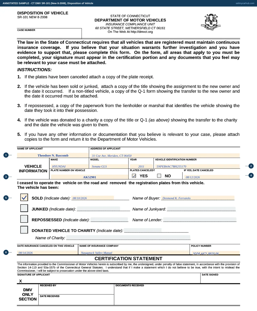 A completed Connecticut Disposition of Vehicle form, SR-101. The applicant is Theodore N. Bascomb of 31 Coe Avenue, Meriden, CT 06450. The vehicle is a 2011 Hyundai Sonata with identification number 5NPEB4AC7BH255170 and plate number AK52901. Plates canceled is answered YES with a date of 12 August 2026. The SOLD box is ticked with a date of 10 August 2026 and the name of buyer Desmond K. Ferraiolo. The insurance cancellation date is 14 August 2026 with the policy number filled in. The JUNKED, REPOSSESSED and DONATED lines are shaded.