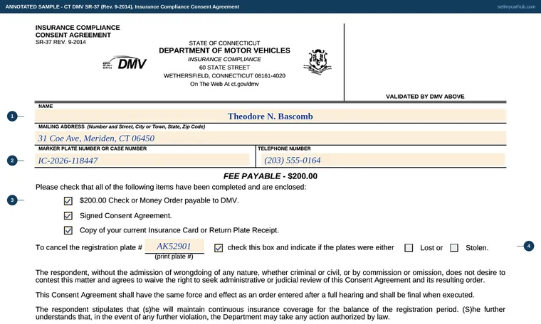 Top of our filled-in example of Connecticut SR-37, Insurance Compliance Consent Agreement