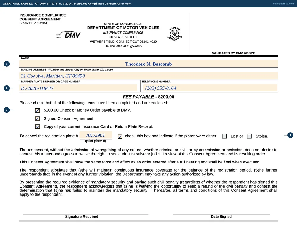 A completed Connecticut Insurance Compliance Consent Agreement, form SR-37. The name is Theodore N. Bascomb with a mailing address at 31 Coe Avenue, Meriden, CT 06450, a case number and a telephone number. All three checklist boxes are ticked: the two hundred dollar cheque, the signed consent agreement and a copy of the current insurance card or return plate receipt. Below them the plate cancellation line carries the plate number AK52901 with the box ticked, and neither the Lost nor the Stolen box is marked.