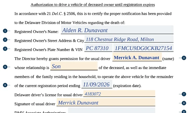 Part of our filled-in example of Delaware MV14, Authorization to Drive a Vehicle of Deceased Owner Until Registration Expires, showing the filled-in entries