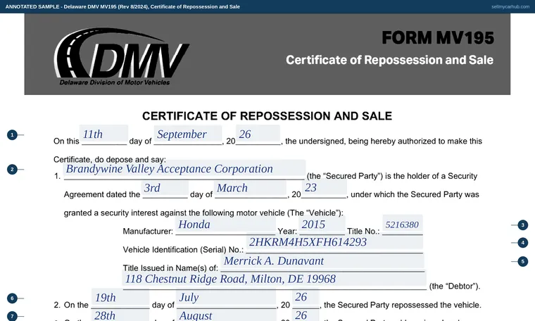 Top of our filled-in example of Delaware MV195, Certificate of Repossession and Sale