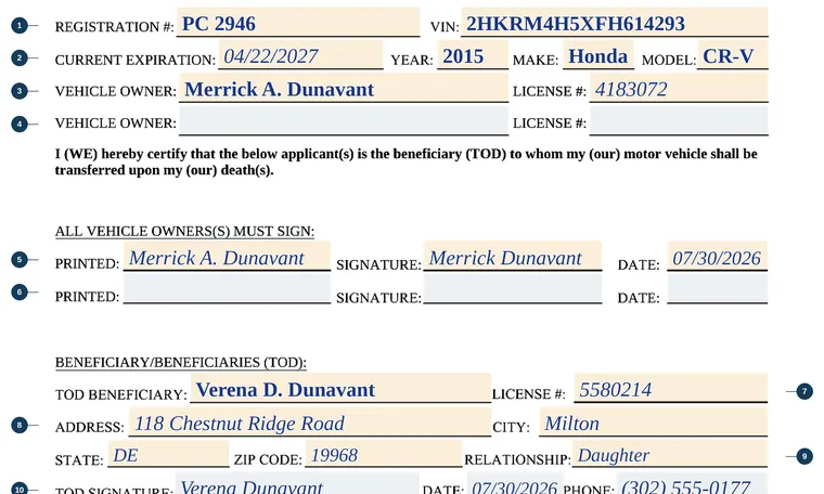 Part of our filled-in example of Delaware MV2025, Transfer on Death Application, showing the filled-in entries