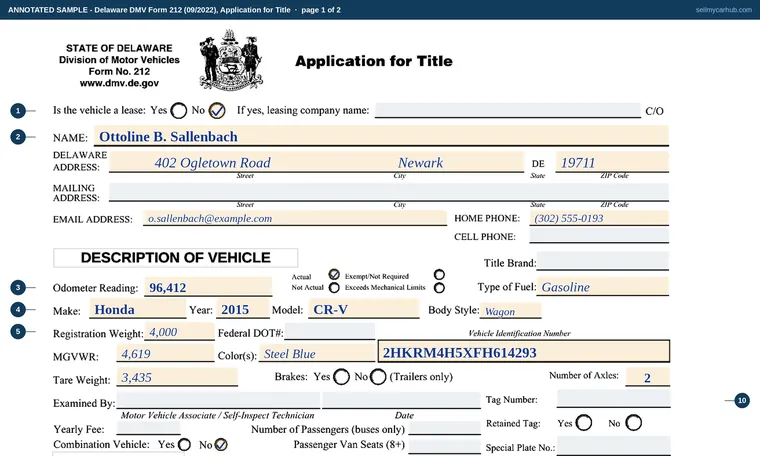 Top of page 1 of our filled-in example of Delaware MV212, Application for Title