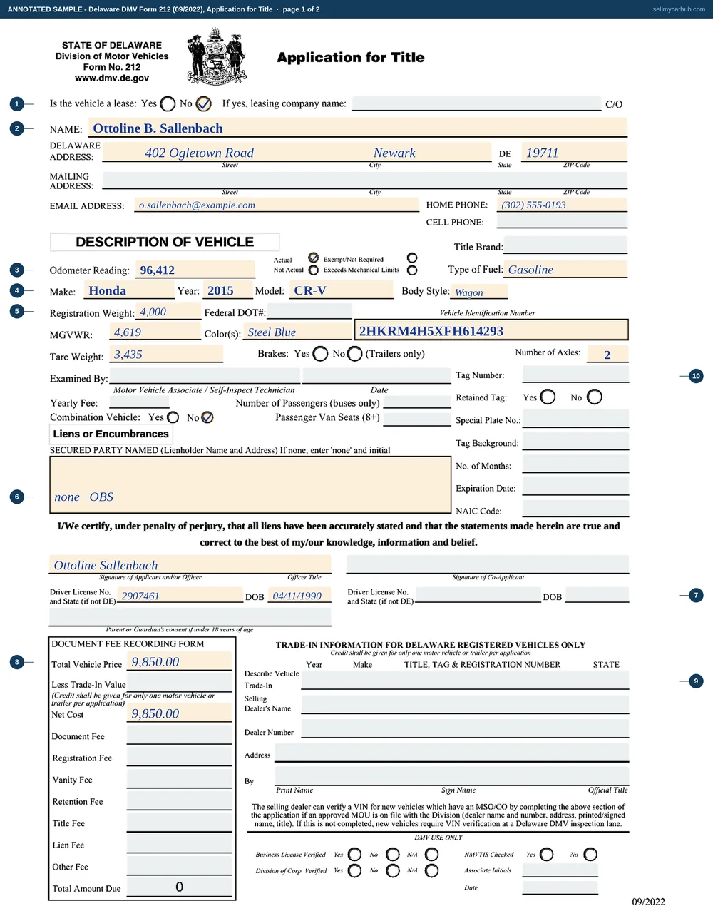A Delaware MV212 Application for Title filled in by buyer Ottoline B. Sallenbach of 402 Ogletown Road, Newark, for a 2015 Honda CR-V, VIN 2HKRM4H5XFH614293, with an odometer reading of 96412 and the Actual brand ticked, the lien block completed with 'none', her driver licence number and date of birth entered, and the document fee recording column showing a total vehicle price of 9,850.00.