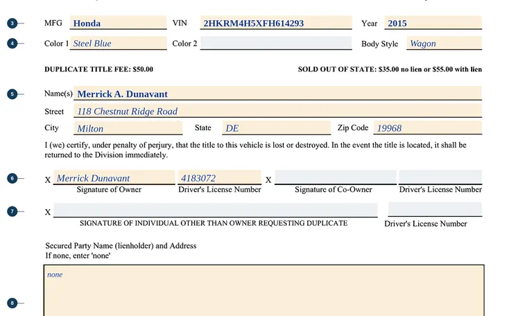 Part of page 1 of our filled-in example of Delaware MV213, Application for Duplicate Title or Sold Out of State to Retain Tag, showing the filled-in entries