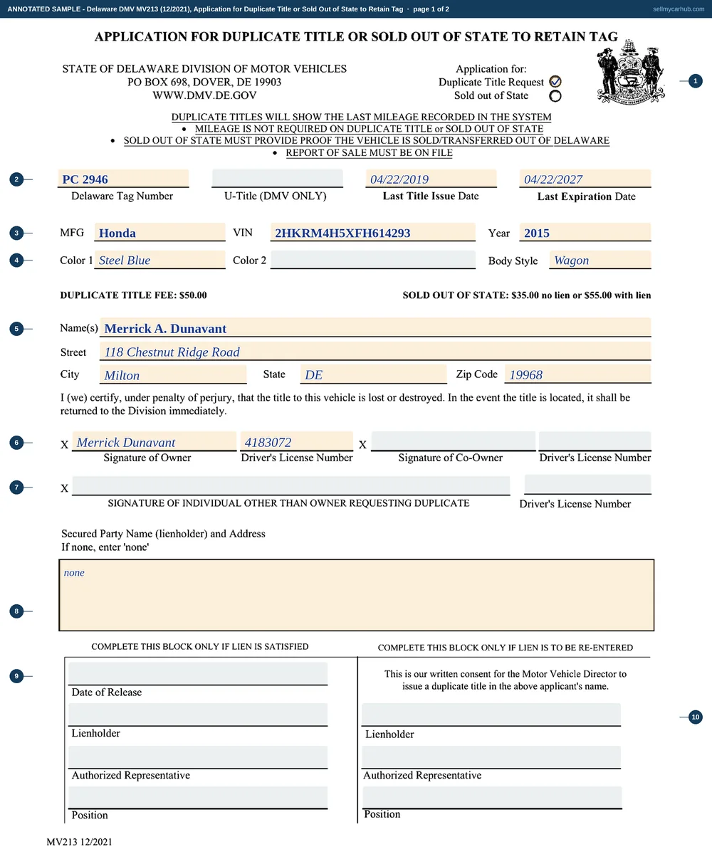 A Delaware MV213 filled in as a duplicate title request: tag PC 2946, last title issue date and expiration date, a 2015 Honda CR-V, VIN 2HKRM4H5XFH614293, Steel Blue, owner Merrick A. Dunavant of 118 Chestnut Ridge Road, Milton, DE 19968, signed with his driver licence number, the secured party block carrying the word none, and both lienholder blocks at the foot left empty.