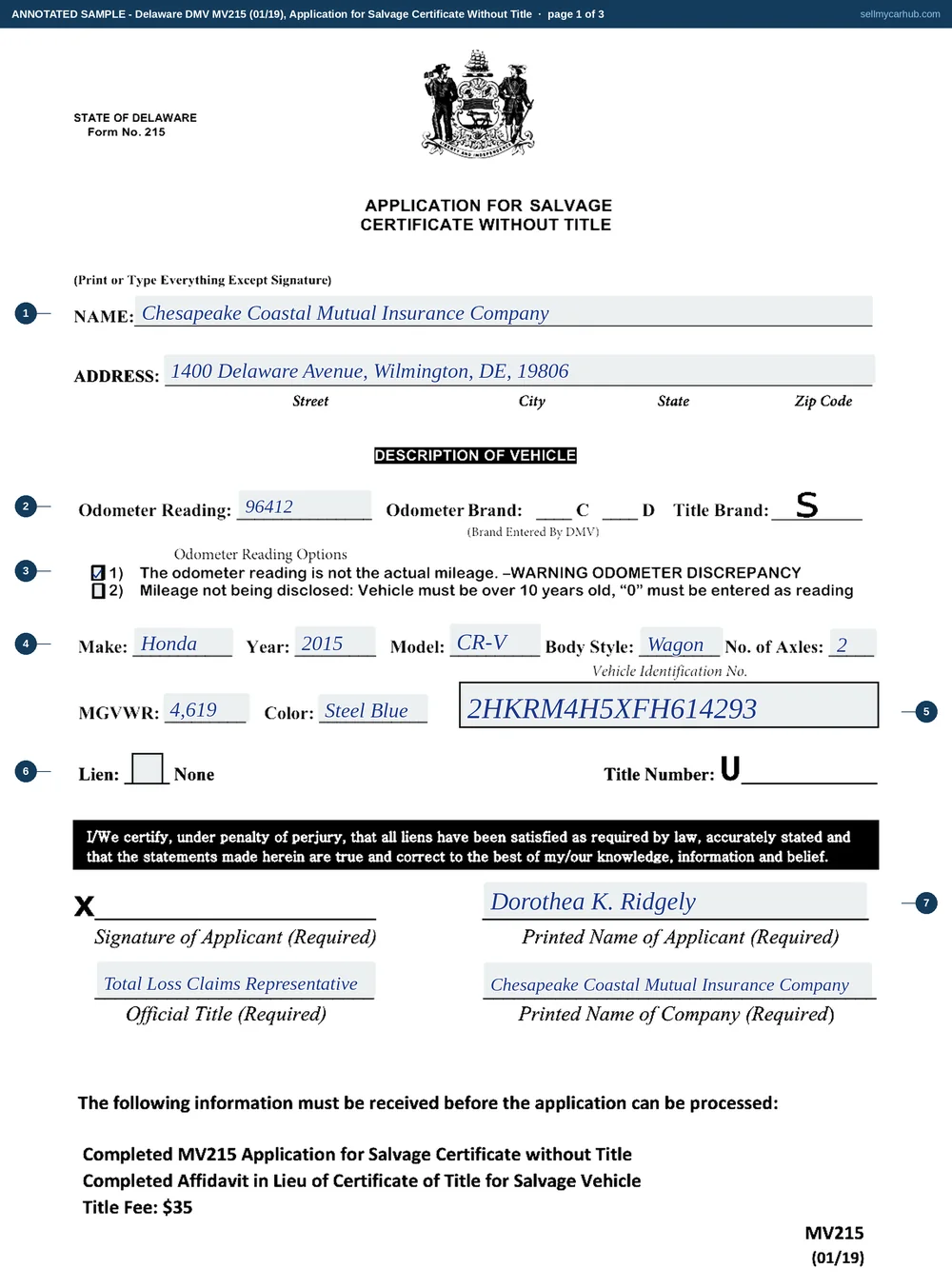 A Delaware MV215 Application for Salvage Certificate Without Title filled in as the insurer's document it is: applicant Chesapeake Coastal Mutual Insurance Company of Wilmington, a 2015 Honda CR-V, VIN 2HKRM4H5XFH614293, Steel Blue, an odometer reading of 96412 with the not-actual-mileage option ticked, the Insurance yes box ticked and the Auction no box ticked, the former owner given as Merrick A. Dunavant of 118 Chestnut Ridge Road, Milton, and the insurance-company certification signed by a claims representative with a position and a date.
